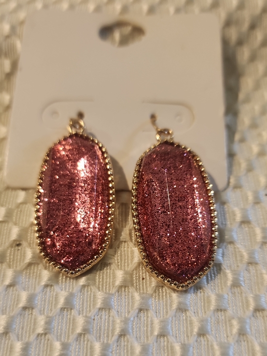 Jewelry - Gold-Trim Pink Glitter Drop Earrings